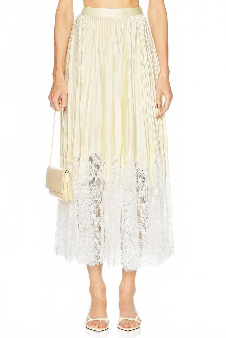 NEW SELF-PORTRAIT satin lace midi skirt in yellow